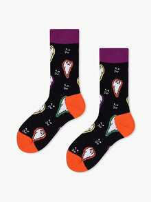 1/2/3双装随机万圣节元素南瓜、幽灵、骷髅印花男女通用中筒袜，适合万圣节主题派对、街头游行、角色扮演服装 - 彩色 - 查看 5