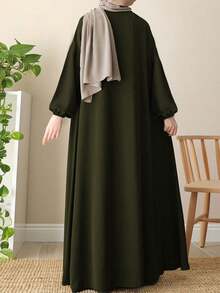 Elegant Arabic Style Solid Color Lantern Sleeve Long Loose Comfortable Abaya Spring - Dark Green - View 3