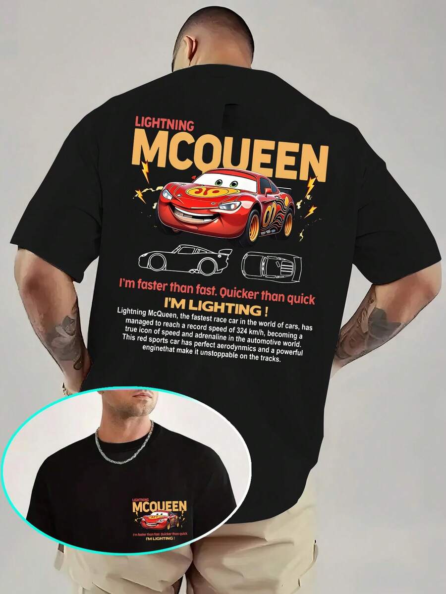 Disney Men's Casual T-Shirt, Cars Lightning McQueen Print, Front & Back Graphic Design, Lightweight Fabric, Ideal For Movie Fans - màu đen - Xem 1
