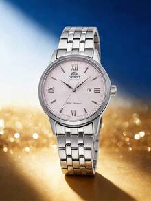 Orient Reloj de mujer de moda con mecanismo automático, calendario único con diamantes de imitación, correa de acero luminosa, esfera pequeña dorada, correa de acero, recubrimiento en polvo, RA-NR2002P10B - Plateado - Ver 1