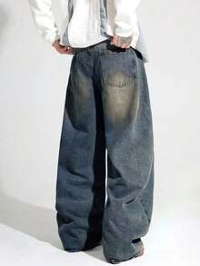 1pc Casual Loose Fit Straight Leg Jeans, Unisex Couple Style - Dusty Blue - View 6