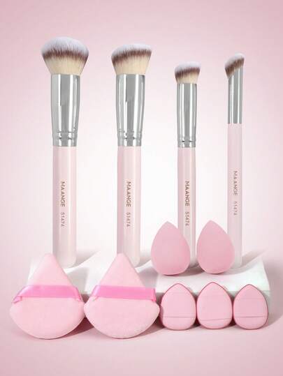 MAANGE 4/11pcs Professional Makeup Brushes Set With Box&2pcs Triangle Powder Puff&3pcs Mini Thumb Puff&2pcs Mini Makeup Sponge,Blush Brush Loose Powder Brush Foundation Brush Eyelash Brush Eyebrow Brush Eyeshadow Brush Contour Brush Highlighter Brush Makeup Tools With Soft Fiber For Easy Carrying,Brush For Travel,Gift For Women&Girls