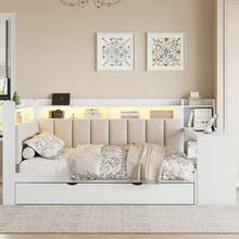 MERAX Full Size Daybed With Storage Shelves,Trundle,Charging Station,LED Light,Desk And Upholstered Headboard And Backrest,White+Beige-Trundle - Giường cỡ lớn - màu trắng (có giường kéo phụ) - Xem 1