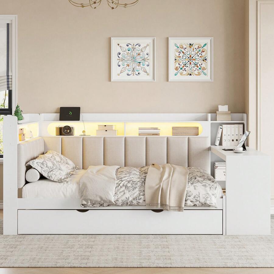 MERAX Full Size Daybed With Storage Shelves,Trundle,Charging Station,LED Light,Desk And Upholstered Headboard And Backrest,White+Beige-Trundle - Giường cỡ lớn - màu trắng (có giường kéo phụ) - Xem 1