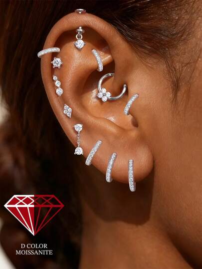 1件装精致莫桑石耳钉/耳环，男女通用，S925纯银平底耳环，低过敏性耳骨穿孔饰品，斋月、情人节、生日、母亲节礼物