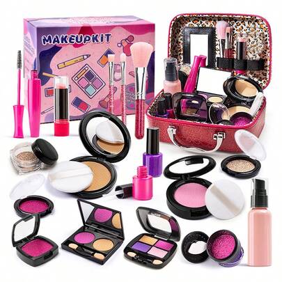 Christmas Decoration (Not Real Make-Up) Simulation Girl Cosmetics Toy Set 20pcs, Pretend Make-Up Toys Including Powder *1, Puff *2, Lipstick *1, Mascara *1, Double Layer Eye Shadow *1, Nail Polish *2, Makeup Brush *3, Lotion Bottle *1, Square Glitter *1, Four-Color Eye Shadow *1, Two-Color Eye Shadow *1, Glitter Box *1, Blush *1, Round Glitter *2 And Storage Bag *1, Suitable For Little Girls Who Love Princess Play, Make-Believe, Birthday Gift Toy.,Makeup Bag Set,Make Up Bag Kids,Play Makeup