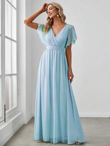 EVERPRETTY Đầm phù dâu màu xanh nhạt bằng chiffon, cổ chữ V, tay bồng, xếp ly, kiểu dáng thanh lịch, thích hợp cho khách dự đám cưới. - Màu xanh nhạt - Xem 3