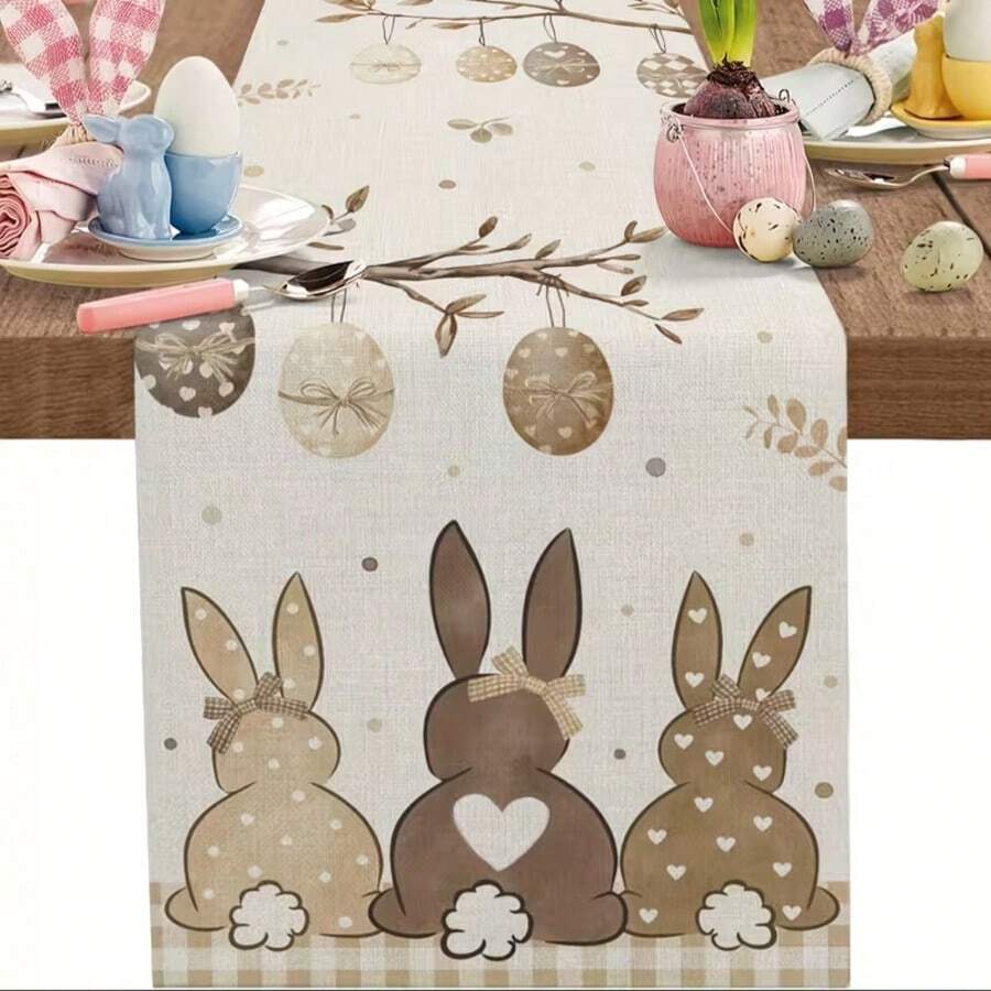 1pc, Brown Spring Easter Table Runner, Bunny Colorful Eggs Farmhouse Dress Scarves, Rustic Botanical Dining Tablerunner For Coffee Table/Kitchen Island/Party Decor 13x35.4/47.2/63/72/78.7inch - Brown - View 1