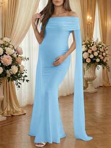 Đầm maxi bầu màu trắng, không tay, trễ vai, chất liệu vải dệt kim xuyên thấu, co giãn, dáng đuôi cá, trang trọng, thích hợp cho chụp ảnh bầu, tiệc cưới, tiệc chiêu đãi. - Màu xanh lam - Xem 2