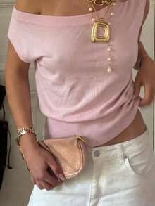 Live To Mo Y2K Solid Color Round Neck Sleeveless Casual Knitted Crop Top Suitable For Vacation Travel, Parties, And Daily Wear Pink - Pink - View 9