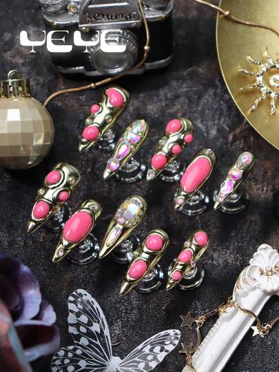10pcs Press On Nails Red And Gold,Hot Pink,3D Three-Dimensional Decoration Element Glow In The Dark,Shiny 3D Three-Dimensional Decoration Rhinestone Decor,Royal Elegant, Full Coverage Press On Nails Acrylic Stiletto,Luxurious Nail Supplies Suitable For Women & Girls,Nail Art For New Year,Party, Wedding And Daily Wear, Includes Tool Kit, Great Gift For Women & Girls