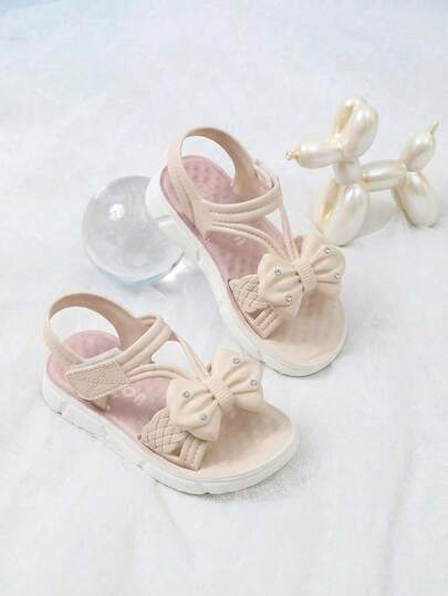 1双女童时尚平底蝴蝶结凉鞋，防滑幼儿鞋，软底透气户外沙滩鞋，适合春、夏、秋季，公主风，校园风，跑步风，罗马凉鞋