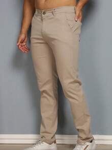 Men's Plus Size Twill Pants With Lycra, Skinny Style - 淺卡其色 - 查看 1