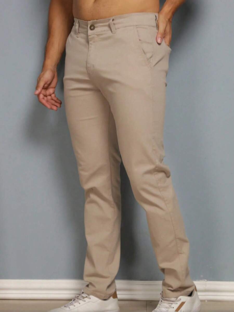 Men's Plus Size Twill Pants With Lycra, Skinny Style - 淺卡其色 - 查看 1