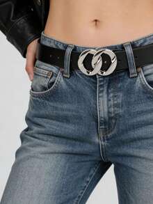 Y2K 双环扣宽腰带 黑色亮面 PU 皮革 辣妹风束腰带 - 雙圈 - 查看 6