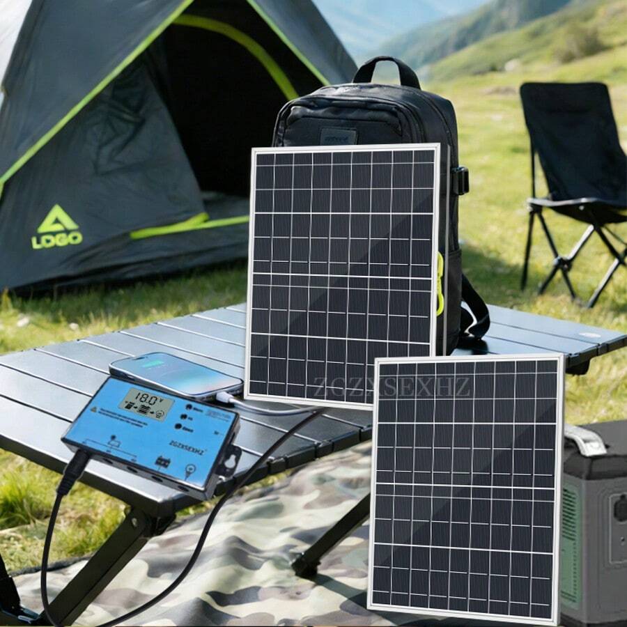 ZGZXSEXHZ 2 pièces Panneau solaire portable extérieur 15W, avec support, contrôleur de charge solaire 70A, sortie 18V, convient pour éclairage de jardin, surveillance, véhicules, téléphones, caméras, camping, maisons pour animaux de compagnie et autres petits systèmes d'alimentation - 2 panneaux solaires de 15 W avec supports + contrôleur 70 A - Voir 1
