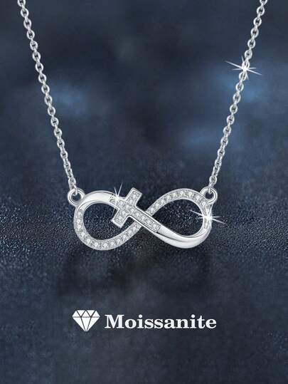 1pc Elegant 925 Sterling Silver Necklace With 1.3mm X 45pcs Moissanite Stones In Cross Design, Suitable For Women's Daily Wear, Formal Occasions, Gifts For Valentine's Day, Mother's Day, Birthday, Wedding Anniversary