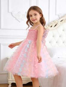 1 件年轻女孩华丽可爱梦幻公主蝴蝶装饰彩色彩虹吊带裙，派对/生日，夏季 - 珊瑚粉 - 查看 3