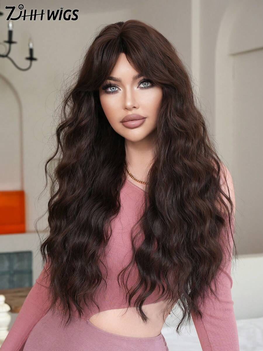 7JHH WIGS Tawny Brown Extra Long Wave Wigs For Women 28 Inch Extra Long Wavy Wig With Side Curtain Bangs, Heat Resistant Fiber Hair Synthetic Curly Wig For Daily & Music Festival Party Wear, Halloween Cosplay Costume Use Fashion Wig Accessories - 咖啡棕 - 查看 1