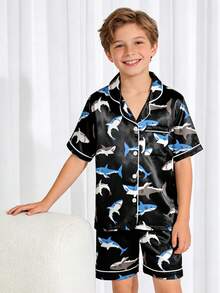2pcs Tween Boy Shark Print Short Sleeve Pajama Set - Multicolor - View 3