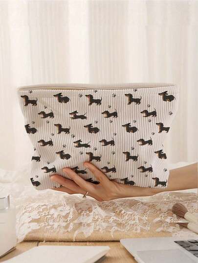 Bolsa de maquillaje con estampado de perro salchicha - Organizador de cosméticos de gran capacidad con cremallera para viajes, bolsa de tela portátil para uso diario y de viaje, adecuada para hombres y mujeres