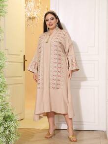 2026新款斋月传统优雅刺绣串珠金色连衣裙，V领流苏奢华端庄阿拉伯女装 JALABIA - 杏色 - 查看 9