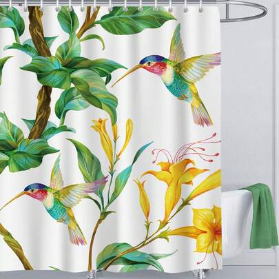 1pc Of Fresh Plant Flower And Bird Shower Curtains, Plant Flower And Bird Printed Shower Curtains, Suitable For Various Room Decoration Partitions, Bathroom Accessory Decoration Shower Curtains, Bathtub Curtains