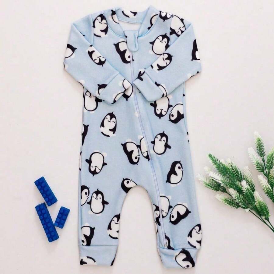 Baby Boy/Girl Jumpsuit In Soft Fabric For Everyday Wear With Front Zipper, Comfortable For Winter, Sizes Newborn To 1 Year - Chim cánh cụt - Xem 1