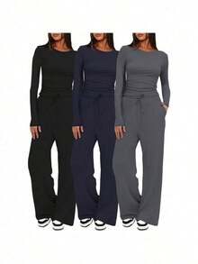 Women's Casual Clothing Solid Color Two-Piece Women's Casual Waist Pleated Long-Sleeved Top With Trousers Suit,Valentine's Day Appropriate Gifts - màu nâu - Xem 3