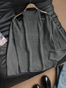 Women's Autumn/Winter Hollow Out Shoulder Cutout Knit Sweater, Sweet & Cute, Loose Fit, Flattering, Lightweight Pullover - Grey - View 2