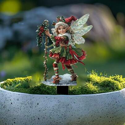 2D亚克力花园插牌，圣诞仙子精灵装饰，户外庭院艺术品，草坪花盆装饰品，防风雨景观标牌，迷你人偶插牌，节日主题庭院装饰