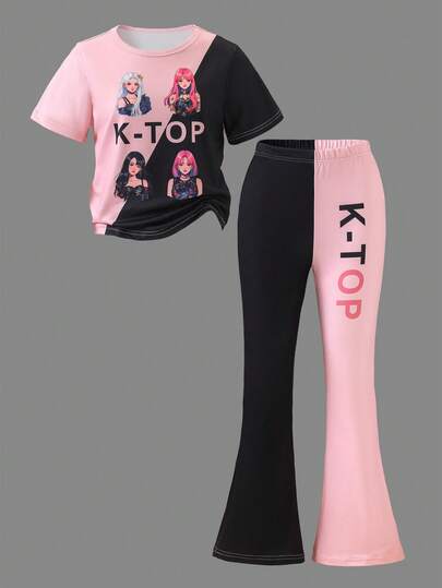 Young Girl Sweet Fashion K-POP Inspired Graphic Print Patchwork T-Shirt And Color Block Flare Pants 2 Pieces Set, Summer Outfit