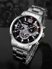 2pcs/Set Men's Business Silver Watch Set, Including 1 Silver Metal Band Multi-Function Black Dial Quartz Watch And 1 Black PU Leather Wallet. Steady And Elegant Style, Showcasing Fashionable Charm. Suitable For New Year's Office, Business Meetings And Various Occasions. - Silver - View 5