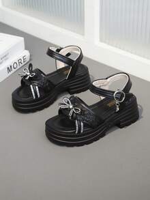 1 Pair Girls' Summer New Black Sandals, Rhinestone Bowknot Decor Thick Sole Princess Shoes, Girls' Versatile Beach Shoes - Black - View 3
