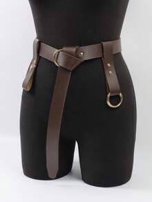 1 Set Faux Leather Retro Brown Belt With Double-Ring Skirt Clips & Cup Holder For Renaissance Outfits Viking Faire LARP Festivals Outfit Cosplay Props - 3PCS - View 2