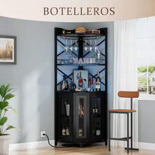 Muebles de cocina, vinoteca con luces LED, barra de bar para el hogar, con toma de corriente, botellero de cinco niveles para copas de vino, mueble de almacenaje, ideal para comedores, salas de estar y despachos - Negro - Ver 9