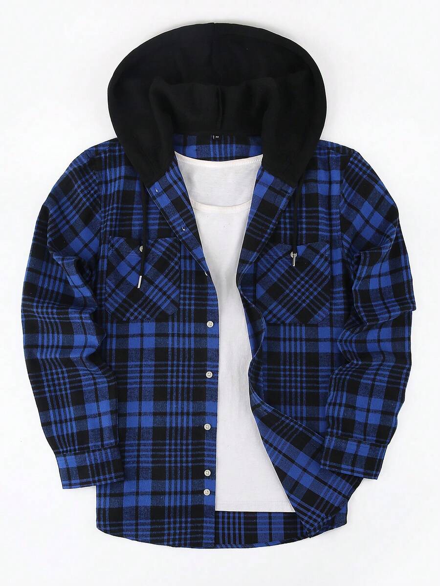 1pc Men's Plaid Button-Up Hooded Long Sleeve Shirt, Regular Fit, Dual Chest Pockets, Casual Outdoor Shacket