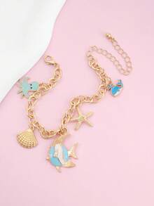1pc Cute Ocean Style Dolphin, Fish, Shell Charm Bracelet, Perfect Summer Accessory To Match Beautiful Outfits - Gold - View 4