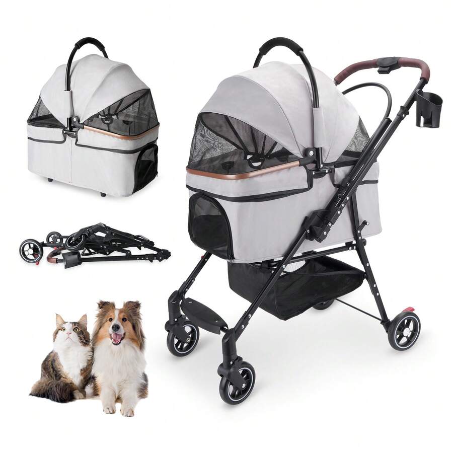 Multi Functional Pet Stroller With Detachable Carrying Rack, Suitable For Small/Medium-Sized Dogs And Cats, Folding Stroller, Waterproof, All Terrain, With Sunshade - Light Grey - View 1