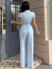 abyoxi Women's Light Blue Striped Bow Tie Ruffle Front Loose Wide Leg Pants 2 Piece Set, Elegant & Sweet, Casual, Work, Daily Wear, Date, Valentine's Day, Fitted Top With Long Pants Spring/Summer Outfit - Light Blue - View 2