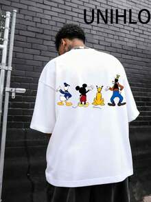 Disney UNIHLO  Street Life Men's Casual Loose   Mickey    Cartoon  Print Short Sleeve T-ShirtSummer - White - View 2