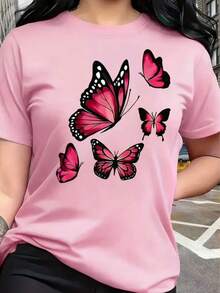 Women's Short-Sleeved T-Shirt, 100% Cotton, Butterfly Print. - 淺粉色 - 查看 2