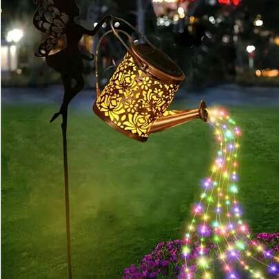 2pcs/1pc Solar Watering Can Outdoor Garden Landscape Lighting, Solar Fairy Watering Can String Lights, Outdoor Polished Nickel Metal Battery Garden Decor Lights