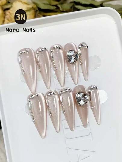 1Package/10Pcs Long Stiletto Press On Nails | Exquisite Handmade Cat Eye Nails | Soft Pink Iridescent Nails With Diamond & Chain Accents, Elegant & Luxurious Design For Daily Wear To Special Events (For Girls & Women)