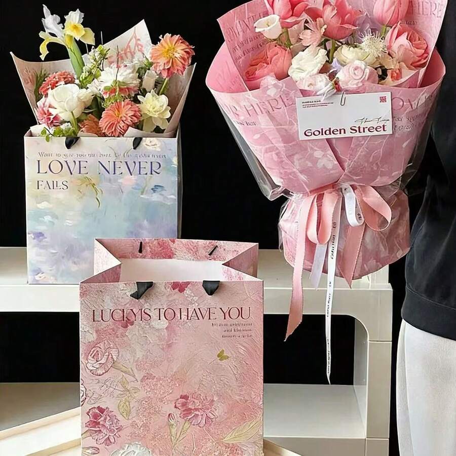 Oil Painting Handbag, Square Flower Bouquet Wrapping Hug Bag, Multi-Functional Large Capacity Handbag, Gift Packaging Bag, Wedding, Party, Holiday Gift Bag Packaging - Multicolor - View 1