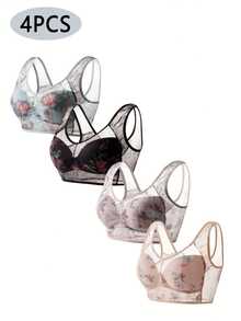 Recomendado (4 Piezas Colores Mixtos) Sujetador de Encaje de Malla, Sujetador de Cobertura Completa Cómodo y Transpirable, Ropa Interior y Lencería para Mujeres, Top de la Temporada - Colores mixtos - Ver 4