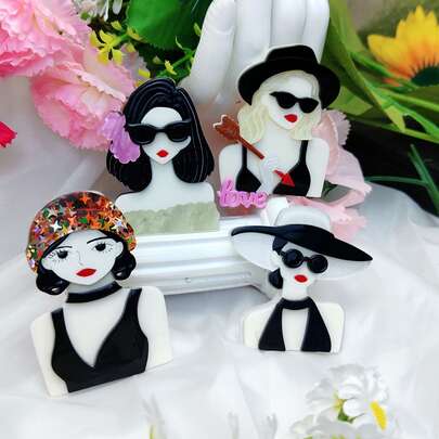 Cute Girl Acrylic Brooch - Black Hat Girl, Fashionable & Adorable Girl, Shiny Headscarf Girl, Unique Item, Beautiful Accessory, Suitable For Hats, Bags, Versatile Accessory, Fashionable Headscarf Brooch, Sweet Accessory