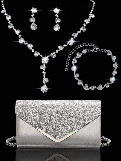 Women's Rhinestone Evening Clutch, New Ladies' Party Bag With Sequins, Sparkling Handbag, With Sparkling Rhinestone Jewelry Three Pieces Set, Suitable For Parties, Weddings, Proms, Dinners/Banquets, Bridal Wear, Formal Attire, Prom Dresses, Birthday Dresses