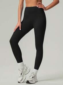 Women's Solid Color Front Seam Back Deep V Buttock Line Running Outdoor Exercise Yoga Legging Pants - Black - View 4