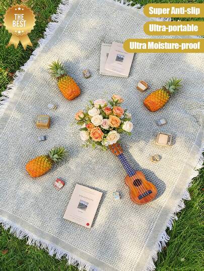 Light Green Plaid Tasseled Thick Moisture-Proof Anti-Slip Portable Picnic Mat, Suitable For Spring Camping, Outdoor, Family Picnics, Beach, Lawn, Travel, Hiking And Other Daily Activities